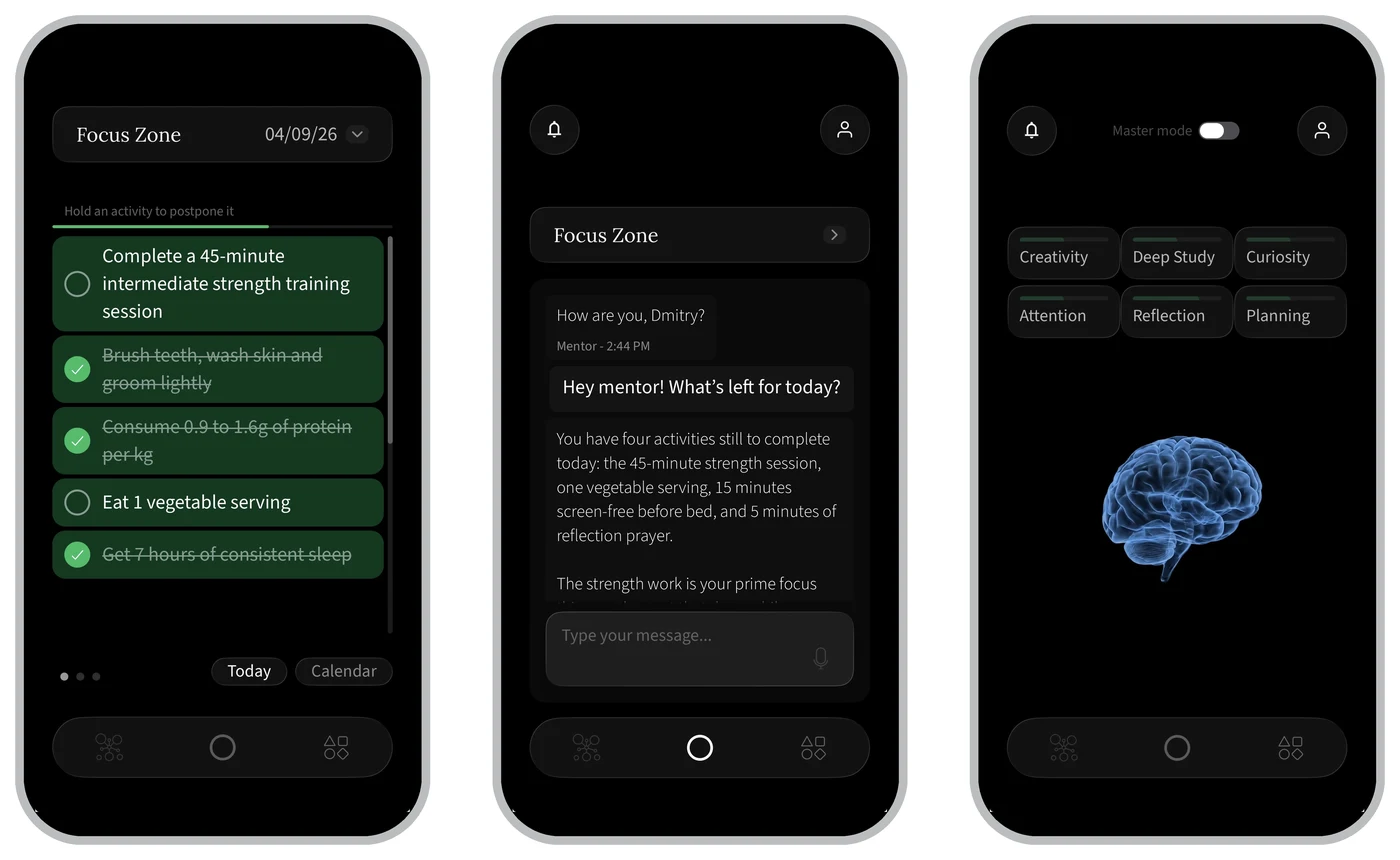 Mentor on iPhone: the Focus Zone day list with activities being checked off, the assistant answering what is left for today, and the six life areas above the brain view