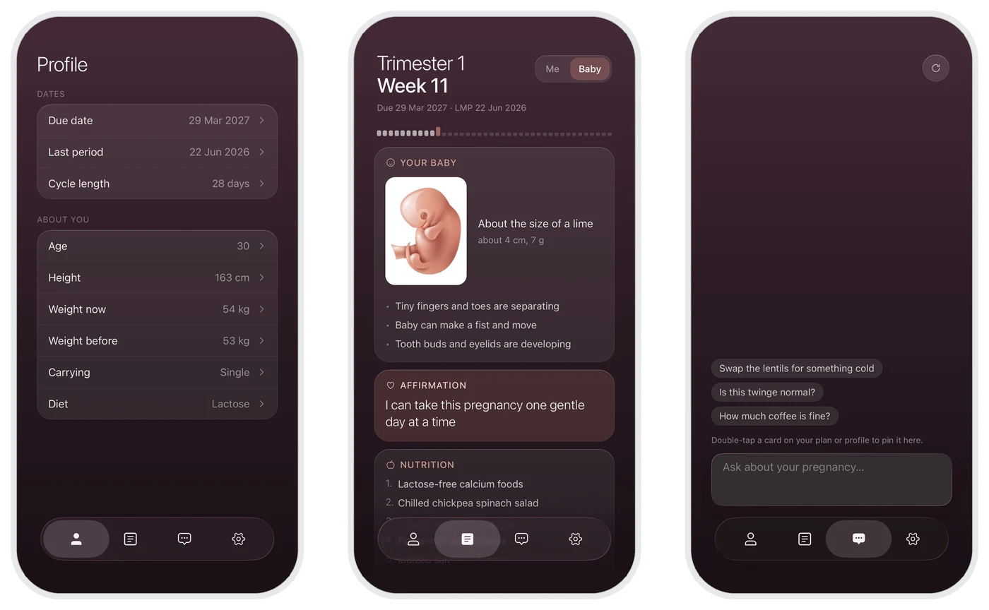 Midwife on iPhone: the profile of dates and details she gave, the week 11 plan with her baby, an affirmation and nutrition, and the chat with suggested questions
